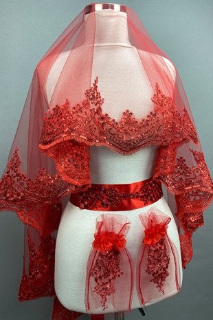 Kırmızı Azur Pullu Gelin Duvağı Kına Yüz Örtüsü