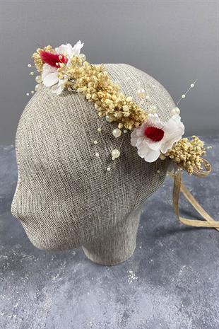 Kırmızı Bahar Dalı İncili Ve Cipsolu Dış Çekim Gelin Tacı