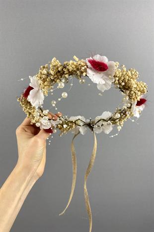 Kırmızı Bahar Dalı İncili Ve Cipsolu Dış Çekim Gelin Tacı