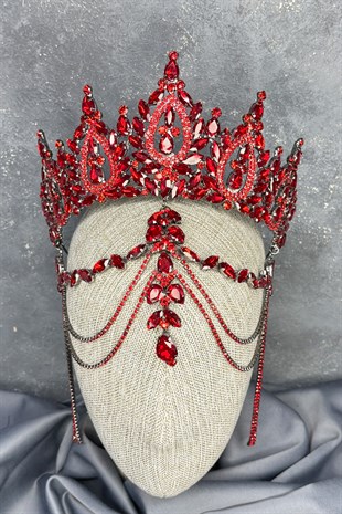 Kırmızı BalcaYüksek Alınlık Sallantılı Gelin Kına Tacı