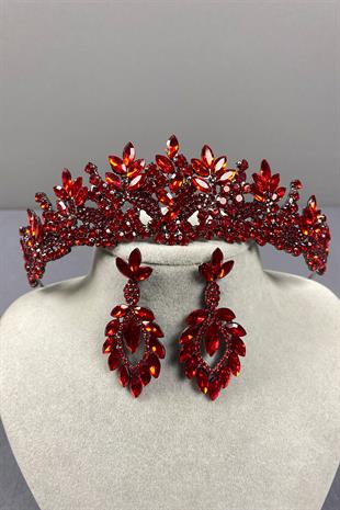Red Belur Bridal Henna Crown and Drop Earring Set
