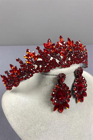 Red Belur Bridal Henna Crown and Drop Shuttle Stone Earring Set
