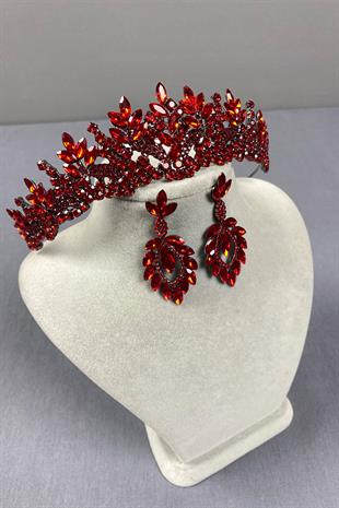Red Belur Bridal Henna Crown and Drop Earring Set