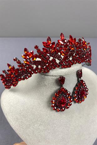 Red Belur Bridal Henna Crown and Drop Stone Earring Set