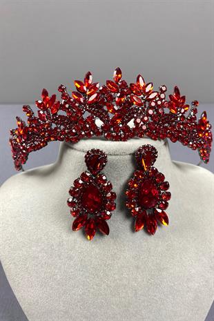Red Belur Bridal Henna Crown and Drop Shuttle Stone Earring Set