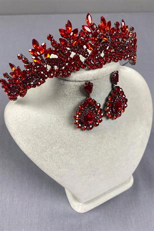 Red Belur Bridal Henna Crown and Drop Stone Earring Set