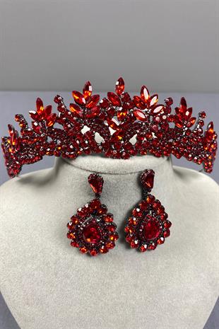 Red Belur Bridal Henna Crown and Drop Stone Earring Set