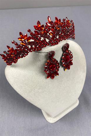 Red Belur Bridal Henna Crown and Drop Shuttle Stone Earring Set