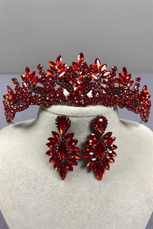 Red Belur Bridal Henna Crown and Shuttle Stone Earring Set