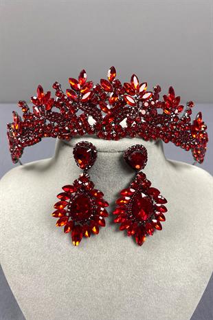 Red Belur Bridal Henna Crown and Shuttle Earring Set