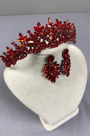Red Belur Bridal Henna Crown and Shuttle Stone Earring Set