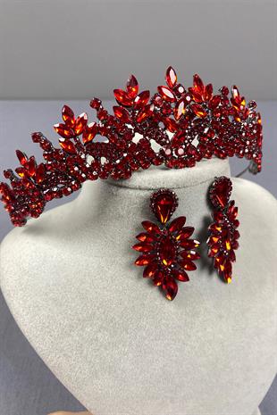 Red Belur Bridal Henna Crown and Shuttle Stone Earring Set