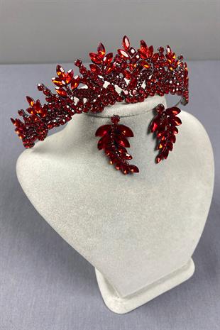 Red Belur Bridal Henna Crown and Leaf Earring Set
