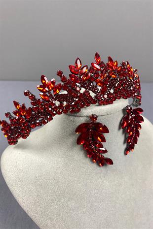 Red Belur Bridal Henna Crown and Leaf Earring Set