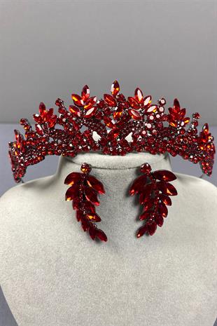 Red Belur Bridal Henna Crown and Leaf Earring Set