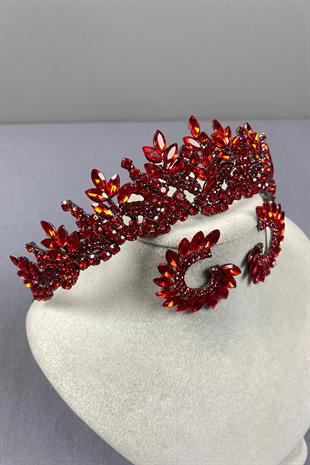 Red Belur Bridal Henna Crown and Round Earring Set