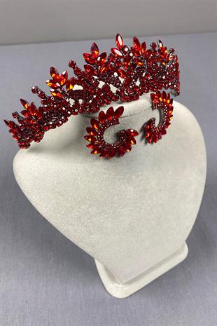 Red Belur Bridal Henna Crown and Round Earring Set
