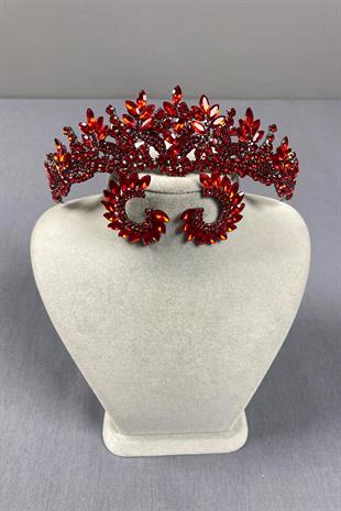 Red Belur Bridal Henna Crown and Round Earring Set