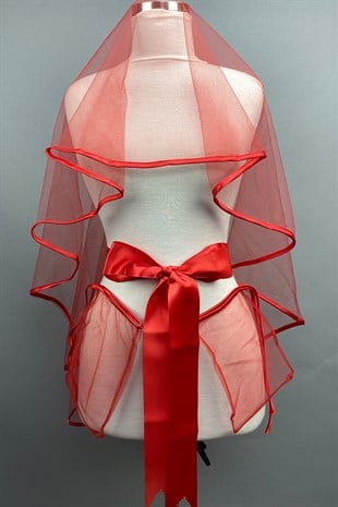 Kırmızı Biyeli Gelin Duvağı Kına Yüz Örtüsü