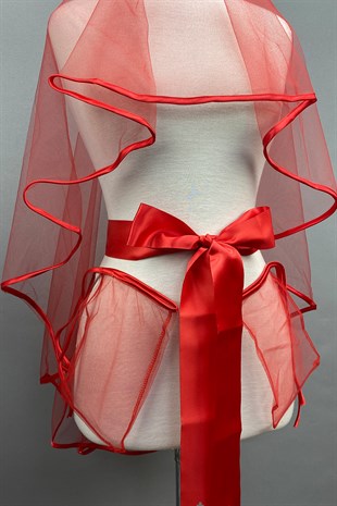 Kırmızı Biyeli Gelin Duvağı Kına Yüz Örtüsü