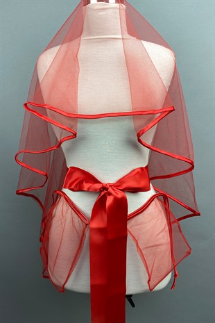 Kırmızı Biyeli Gelin Duvağı Kına Yüz Örtüsü