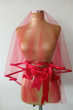 Kırmızı Biyeli Zarif Sade Tasarım Gelin Kına Yüz Örtüsü