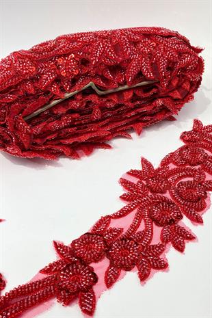 Kırmızı Boncuk İşlemeli Çiçek Desen Geniş Şerit Aplik 1 Metre