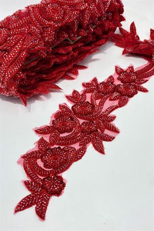 Kırmızı Boncuk İşlemeli Çiçek Desen Geniş Şerit Aplik 1 Metre