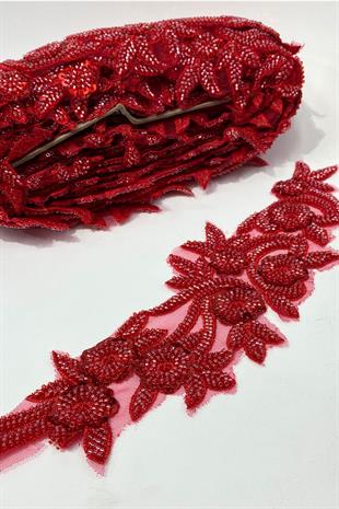 Kırmızı Boncuk İşlemeli Çiçek Desen Geniş Şerit Aplik 1 Metre