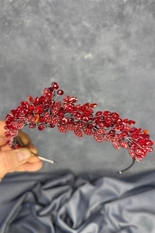 Kırmızı Boncuk İşlemeli Duru Gelin Kına Tacı