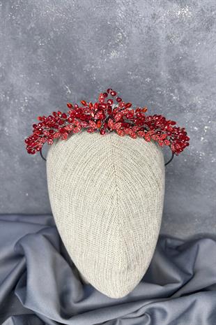 Kırmızı Boncuk İşlemeli Duru Gelin Kına Tacı