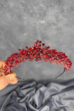 Kırmızı Boncuk İşlemeli Duru Gelin Kına Tacı