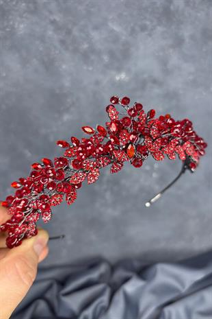 Kırmızı Boncuk İşlemeli Duru Gelin Kına Tacı