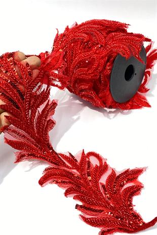 Kırmızı Boncuk İşlemeli Yaprak Desenli Geniş Şerit Aplik 1 Metre