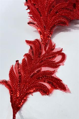 Kırmızı Boncuk İşlemeli Yaprak Desenli Geniş Şerit Aplik 1 Metre