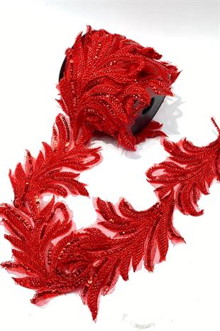 Kırmızı Boncuk İşlemeli Yaprak Desenli Geniş Şerit Aplik 1 Metre