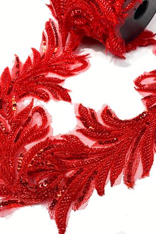 Kırmızı Boncuk İşlemeli Yaprak Desenli Geniş Şerit Aplik 1 Metre