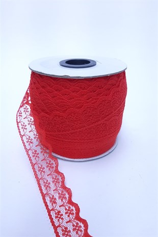 Kırmızı Çiçek Desenli Dantel 100 Metre