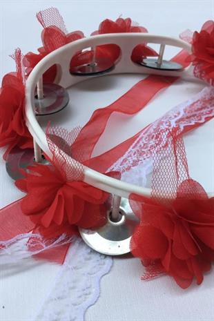 Bridesmaid Tambourine Decorated With Red Flowers Plastic Tambourine For Wedding And Henna 10 Pcs