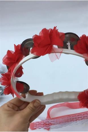 Bridesmaid Tambourine Decorated With Red Flowers Plastic Tambourine For Wedding And Henna 10 Pcs