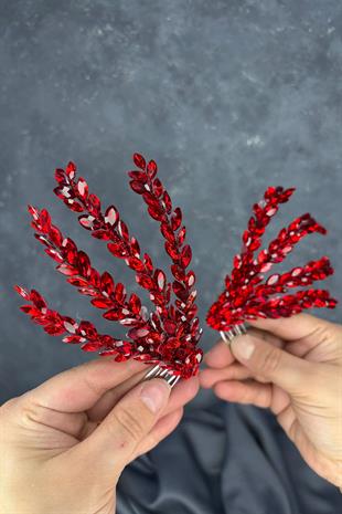 Kırmızı Çift Taraflı Tarak Büge Gelin Saç Aksesuarı