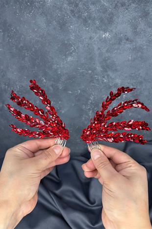 Kırmızı Çift Taraflı Tarak Büge Gelin Saç Aksesuarı