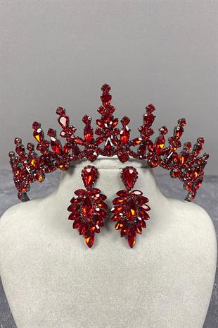 Kırmızı Cooker Gelin Kına Tacı Ve Mekik Küpe Seti