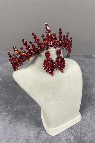 Kırmızı Cooker Gelin Kına Tacı Ve Mekik Küpe Seti