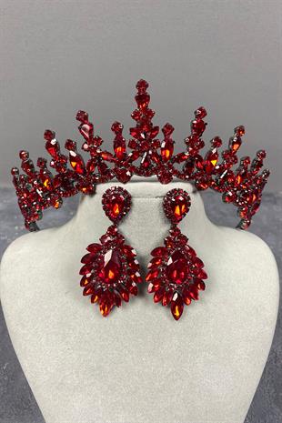 Red Cooker Bridal Henna Tiara and Shuttle Stone Evening Dress Earrings