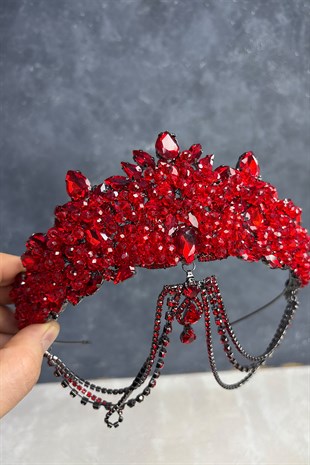 Kırmızı Cudy Yoğun Boncuk İşlemeli Alınlık Gelin Kına Tacı