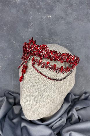 Kırmızı Dali Alınlık Sallantılı Gelin Kına Tacı Saç Aksesuarı