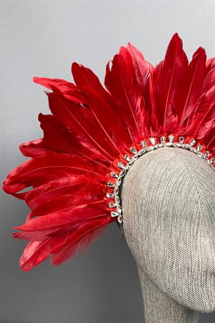 Red Dali Feather Stone Bridal Henna Crown Accessory
