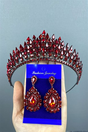 Red Drop 3D Bridal Henna Crown And Drop Earrings Set