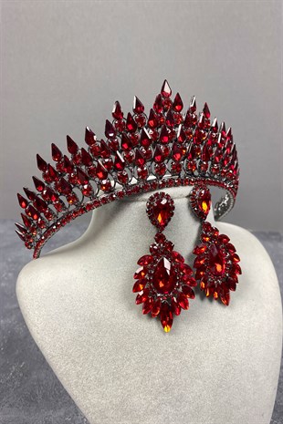 Red Drop 3D Bridal Henna Crown And Stud Earring Set